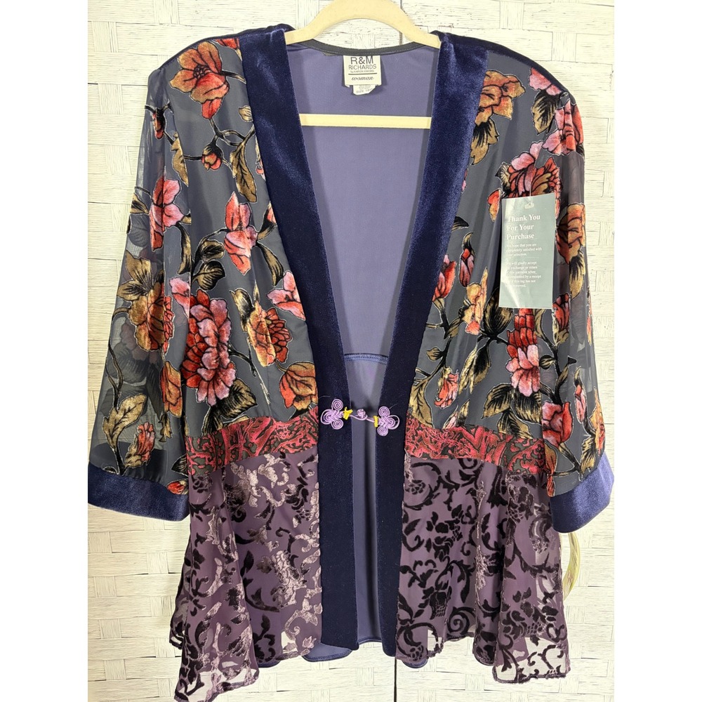 R&M Richards women's Kimono Jacket Floral Velvet Burnout bohemian Plus Size